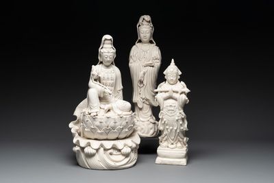 Three Chinese Dehua blanc de Chine figures of Guanyin and Weituo, He Chaozong 何朝宗 and Dehua 德化 marks, 20th C.