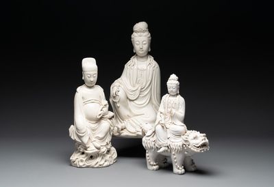 Three Chinese Dehua blanc de Chine figures of Guanyin and Wenchang, He Chaozong 何朝宗 and Dehua 德化 mark, 20th C.