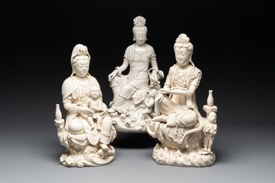 Three Chinese Dehua blanc de Chine groups of Guanyin with child, He Chaozong 何朝宗 marks, 20th C.