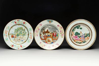 Three Chinese export famille rose 'Cloth Traders', 'Shepherds' and a scene from a fable by La Fontaine plates, Qianlong