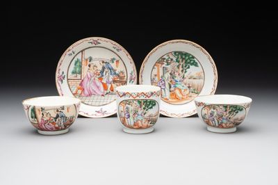 Three Chinese export famille rose 'European subject' cups and two saucers, Qianlong