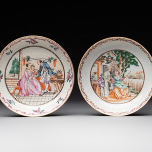 Three Chinese export famille rose 'European subject' cups and two saucers, Qianlong — photo 2