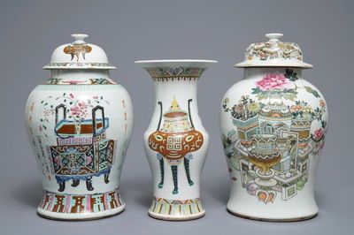 Three Chinese famille rose and qianjiang cai vases, 19/20th C.