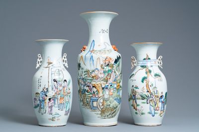 Three Chinese famille rose and qianjiang cai vases, 19/20th C.