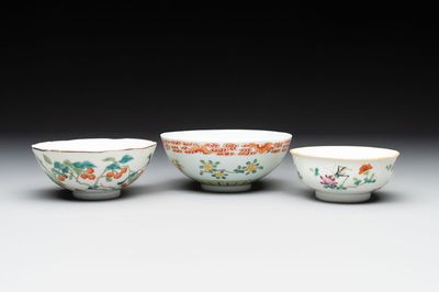 Three Chinese famille rose bowls, Tongzhi and Guangxu marks, 19th C.