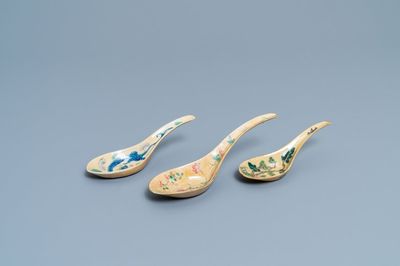 Three Chinese famille rose café-au-lait-ground spoons, Daoguang mark and of the period