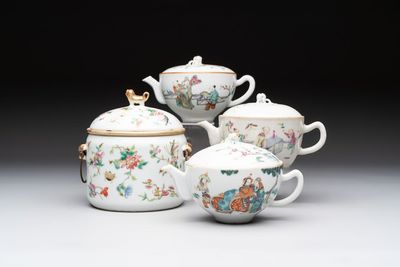 Three Chinese famille rose covered teapots and a warming bowl, Tongzhi, Guangxu and Lü Zhi Xiang Zhi 呂芷薌製 marks, 19th C.