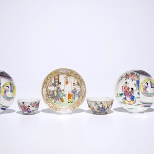 Three Chinese famille rose cups and saucers, one with mandarin design, Yongzheng/Qianlong — photo 1