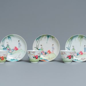 Three Chinese famille rose cups and saucers with figures in a garden, Yongzheng — photo 1