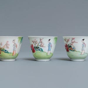 Three Chinese famille rose cups and saucers with figures in a garden, Yongzheng — photo 7
