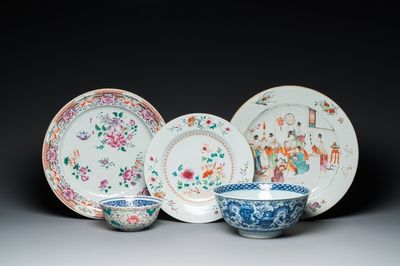 Three Chinese famille rose dishes and two bowls, Qianlong and later