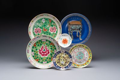 Three Chinese famille rose dishes, two plates, and a saucer, various marks, 19th C.