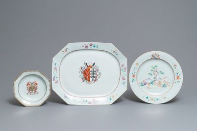 Three Chinese famille rose English market armorial plates and dishes, Qianlong