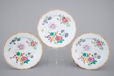 Three Chinese famille rose export porcelain dishes, Qianlong, 18th C.