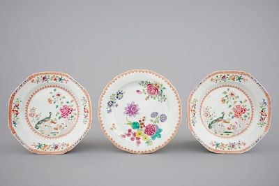 Three Chinese famille rose export porcelain plates, Qianlong, 18th C