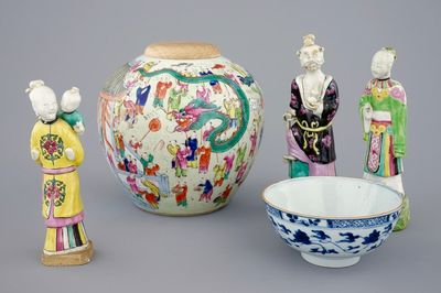 Three Chinese famille rose figures, a ginger jar and a blue and white lotus bowl, 18/19th C.