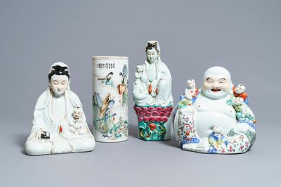 Three Chinese famille rose figures and a qianjiang cai hat stand, 19/20th C.