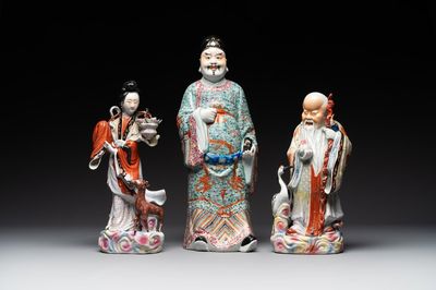 Three Chinese famille rose figures of deities, Deng Yifu 鄧義福 mark, 19th C.