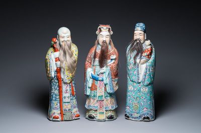 Three Chinese famille rose figures of star gods, Zhu Rong Ji Zao 朱榮記造 mark, 19/20th C.