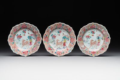 Three Chinese famille rose flower-shaped 'He Xiangu' plates, Yongzheng