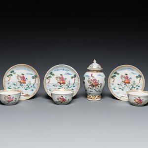 Three Chinese famille rose 'horserider' cups and saucers with the matching tea caddy, Yongzheng/Qianlong — photo 1