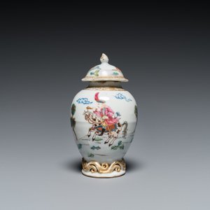 Three Chinese famille rose 'horserider' cups and saucers with the matching tea caddy, Yongzheng/Qianlong — photo 4