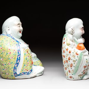 Three Chinese famille rose Milefo Buddhas, Zhu Mao Ji 朱茂記造 marks, 20th C. — photo 12