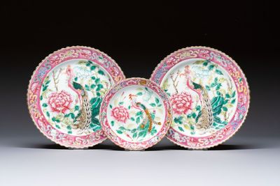 Three Chinese famille rose 'Phoenix and Peony' plates for the Straits or Peranakan market, Jingzhen Cao Shuntai Zao 景鎮曹順泰造 mark, 19th C.