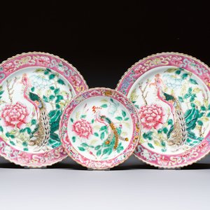 Three Chinese famille rose 'Phoenix and Peony' plates for the Straits or Peranakan market, Jingzhen Cao Shuntai Zao 景鎮曹順泰造 mark, 19th C. — photo 1
