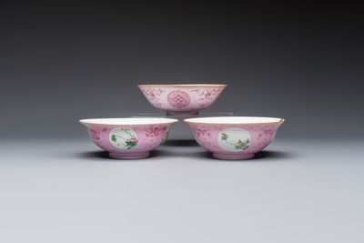 Three Chinese famille rose pink-ground bowls with floral design, Qianlong mark and of the period
