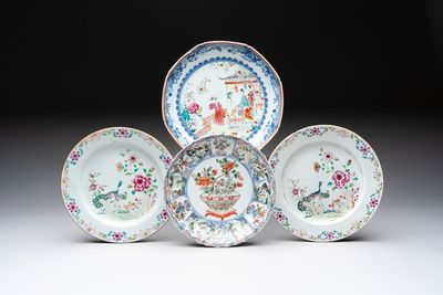 Three Chinese famille rose plates and a famille verte lobed plate, Kangxi/Qianlong