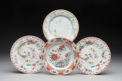 Three Chinese famille rose plates with birds among flowers and a grisaille plate, Yongzheng/Qianlong