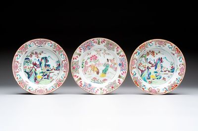 Three Chinese famille rose plates with figural and landscape design, Yongzheng/Qianlong