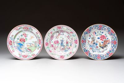 Three Chinese famille rose plates with figures and birds, Yongzheng/Qianlong