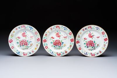 Three Chinese famille rose plates with floral design, Yongzheng