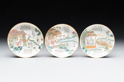 Three Chinese famille rose plates with narrative design, Tongzhi mark and of the period