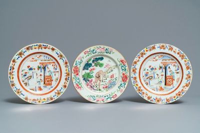 Three Chinese famille rose plates, Yongzheng/Qianlong