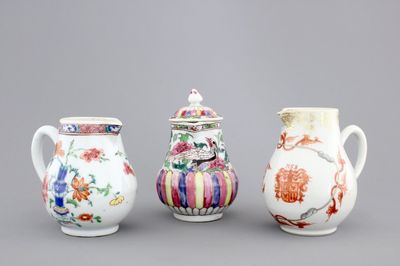 Three Chinese famille rose porcelain cream jugs, one armorial, Qianlong, 18th C.
