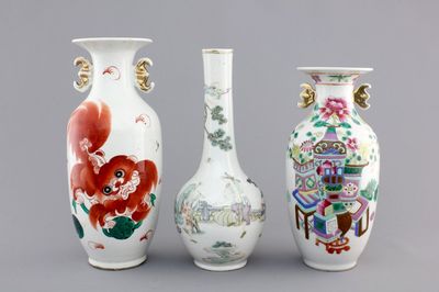 Three Chinese famille rose porcelain vases, 19th C.
