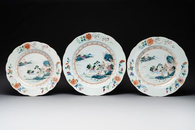 Three Chinese famille rose 'river landscape' dishes, Qianlong