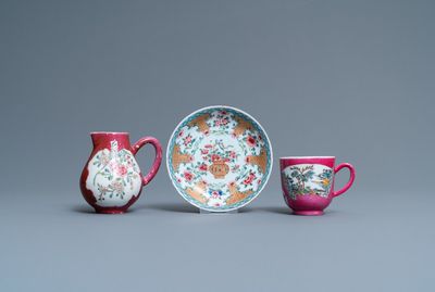 Three Chinese famille rose ruby-ground and ruby-back wares, Yongzheng