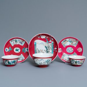 Three Chinese famille rose ruby-ground cups and saucers, Yongzheng — photo 1