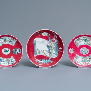 Three Chinese famille rose ruby-ground cups and saucers, Yongzheng — photo 2