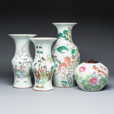Three Chinese famille rose vases and a jar with a wooden cover, 19/20th C.