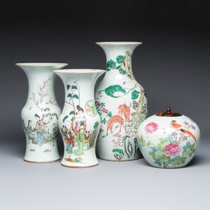Three Chinese famille rose vases and a jar with a wooden cover — photo 1