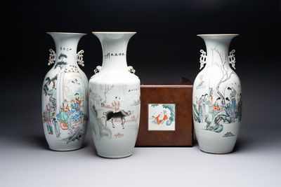 Three Chinese famille rose vases and a plaque-mounted stool, signed Mao Zirong 毛子榮, Yang Qingshan 楊青山 and Liu Jishun 劉吉順, 19/20th C.
