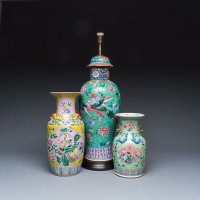 Three Chinese famille rose vases for the Straits or Peranakan market, one mounted as a lamp, 19th C.