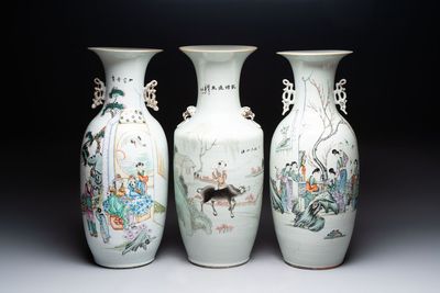 Three Chinese famille rose vases, signed Mao Zirong 毛子榮, Yang Qingshan 楊青山 and Liu Jishun 劉吉順, 19/20th C.