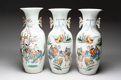 Three Chinese famille rose vases, signed Zhang Rong Shun 張榮順 and Qun Yi Hua Guan 群益畫館 19/20th C.