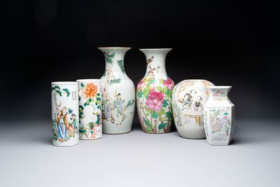 Three Chinese famille rose vases, two hat stands and a jar, 19th C.